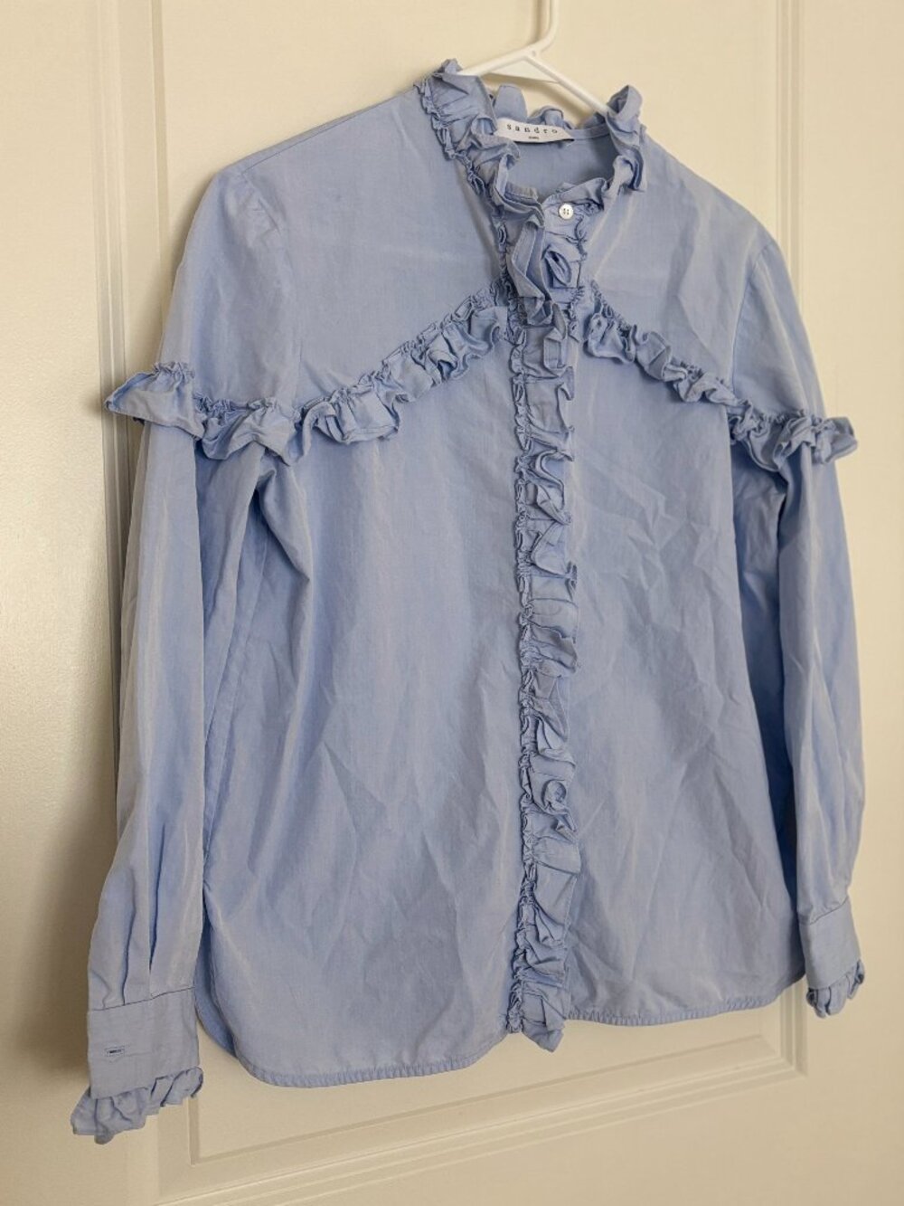 Sandro Paris Ruffled Cotton Shirt Light Blue Coquette Fairycore Indie Size 3